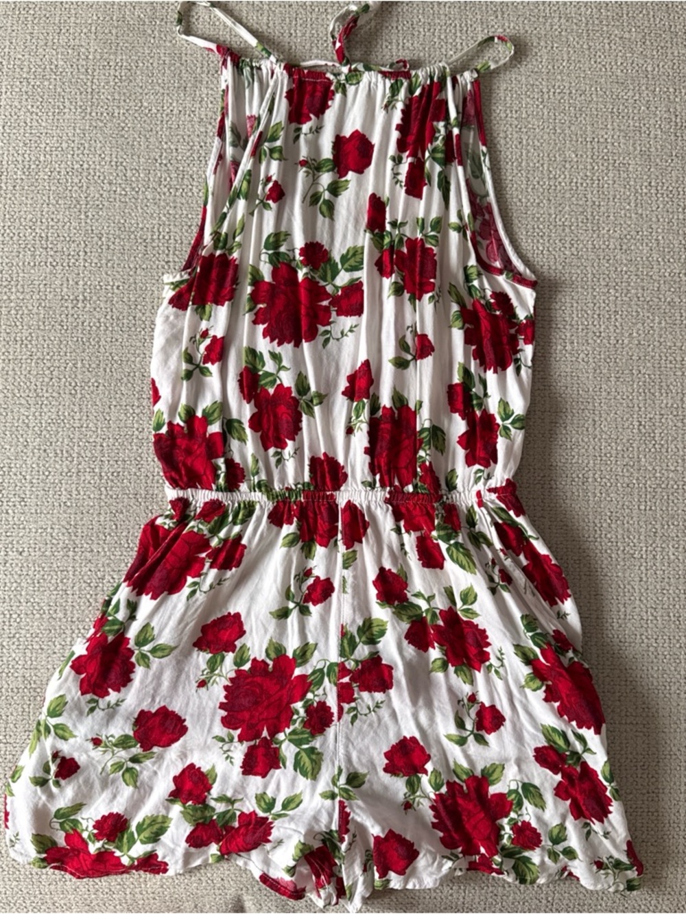 Divided White Romper with Red Rose Print